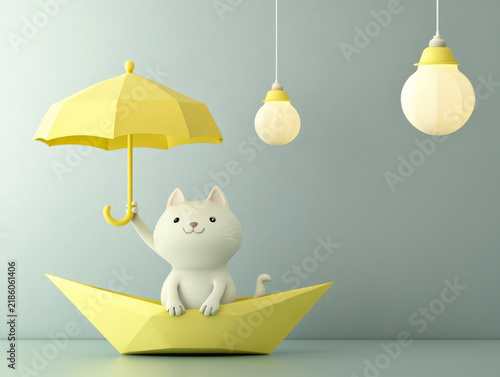 Cute white cat in a yellow paper boat holding a yellow umbrella, with two glowing pendant lights against a light blue wall