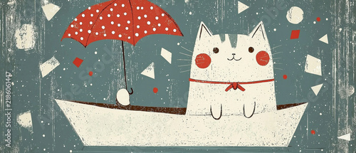 Cute white cat with red polka dot umbrella in a paper boat, surrounded by abstract shapes on a textured blue background