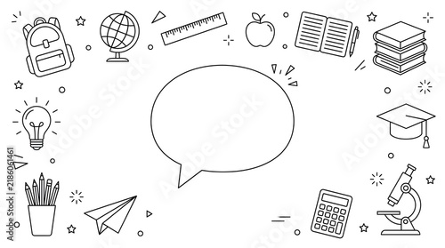 Hand drawn education and school supplies doodle icons arranged in a circular frame with empty copy space