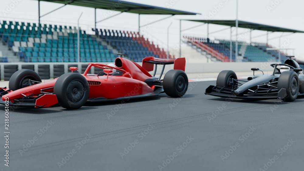 Obraz premium Red and black racing cars with drivers race side by side on an asphalt track, empty grandstands