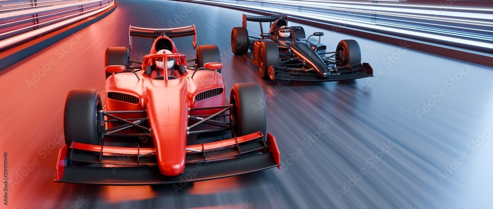 Obraz premium Red and black open wheel race cars competing on a futuristic illuminated circuit