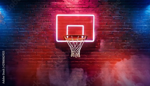 neon basketball hoop glowing on urban brick wall vibrant red basketball backboard light cinematic sports arena atmosphere with smoke