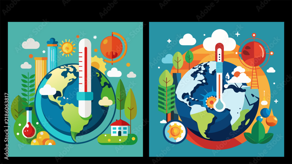 Naklejka premium Global Warming Climate Change Concept Earth Thermometer Flat Vector Set
