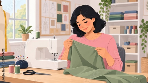 Seamstress Checking Stitching on Green Fabric in Workshop