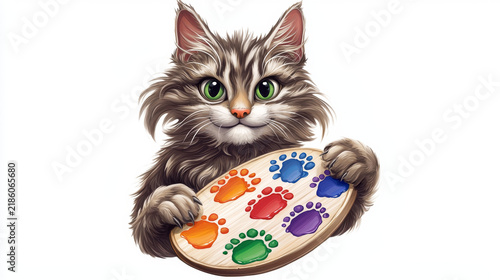 Fluffy tabby cat with bright green eyes holding a wooden artist's palette with colorful paw print paint blobs