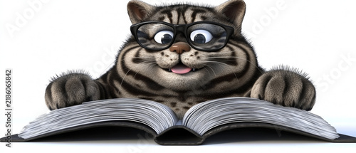 Fluffy tabby cat in black glasses peeks over an open book with wide eyes and tongue out, on white background