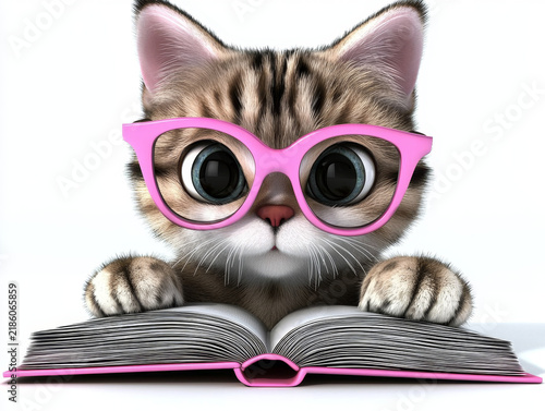 Fluffy tabby kitten with big eyes wearing pink glasses, peeking over an open book with a pink cover against a white background