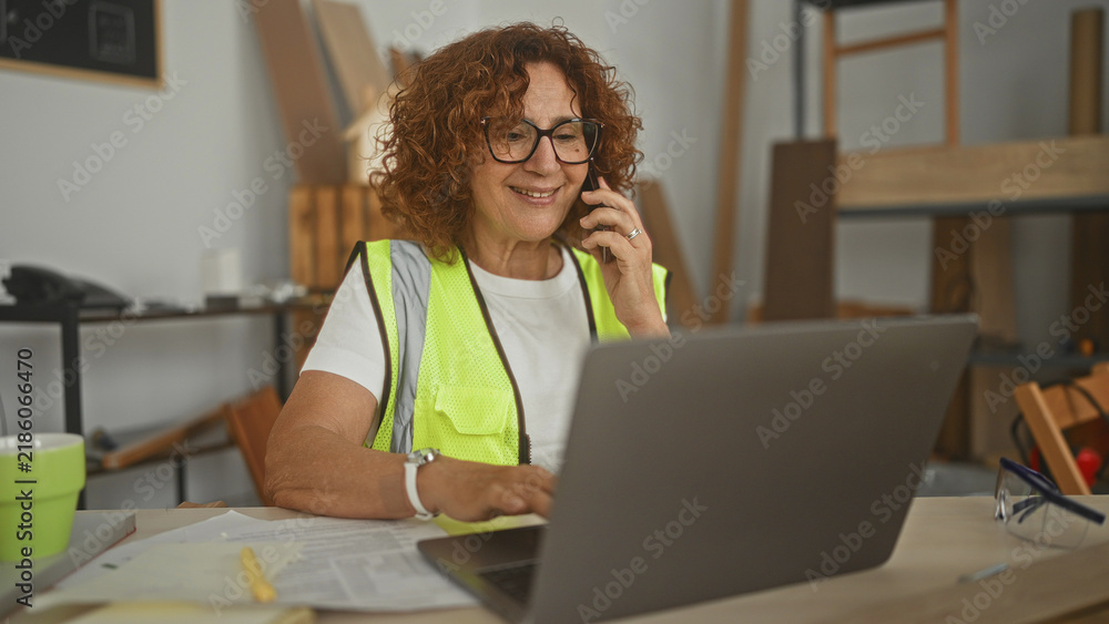 Obraz premium Woman carpenter holds phone to ear and types on laptop amid wood boards and safety glasses in a studio; focused planning.