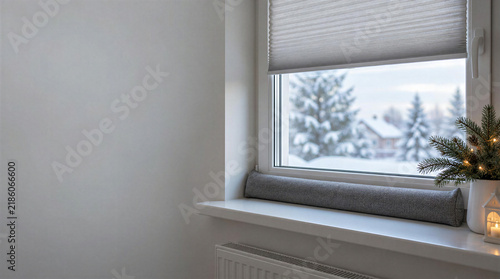 Cozy winter window with christmas decorations and snowy landscape