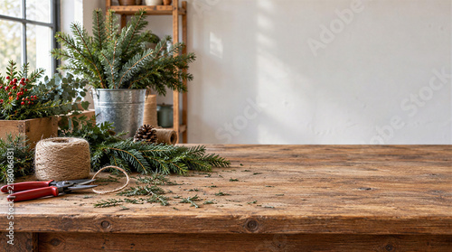 Florist worktable preparing christmas holiday evergreen branches