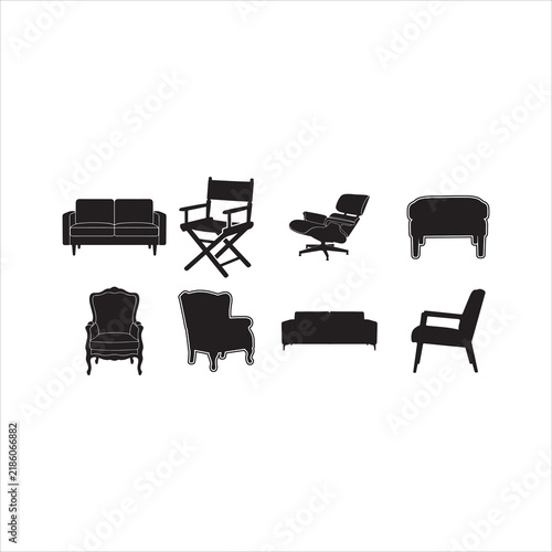 Eight diverse black and white furniture silhouettes including chairs, sofas, and a director's chair in a clean style.