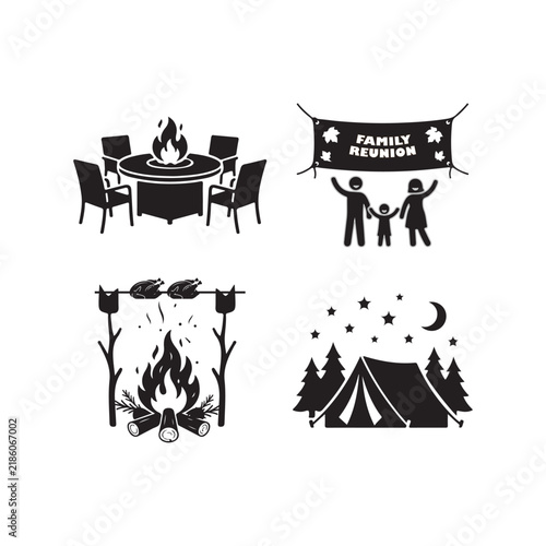 Four black and white vector icons showing family camping, campfire cooking, fire pit gathering, and tent camping under stars for outdoor fun.