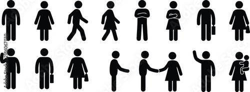 Set of black human figure icons showing people in various poses and daily activities isolated on transparent background, Vector