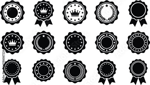 Set of black silhouette vintage award badges labels and emblem icons with crown and laurel wreath isolated on transparent background, Vector