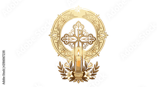 Ornate Christian Cross with Candle and Laurel Wreath