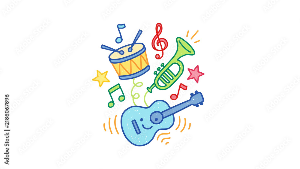 Fototapeta premium Colorful cartoon illustration featuring musical instruments and notes on transparent background for creative projects