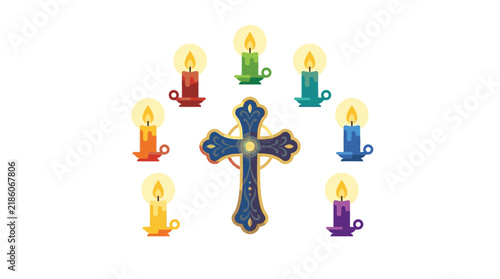 Religious Cross Surrounded by Colorful Candles