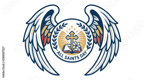 Religious Emblem with Wings and Cross Isolated