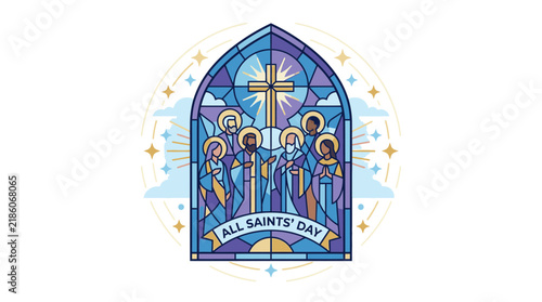 Stained Glass Window with Saints and Cross, All Saints Day