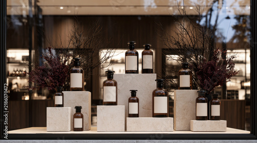Luxury apothecary window display featuring amber glass bottles with blank labels on stone pedestals surrounded by dried botanical arrangements