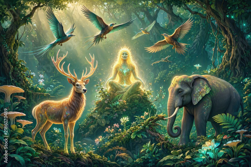 Ethereal Wildlife Gathering In Glowing Fantasy Forest