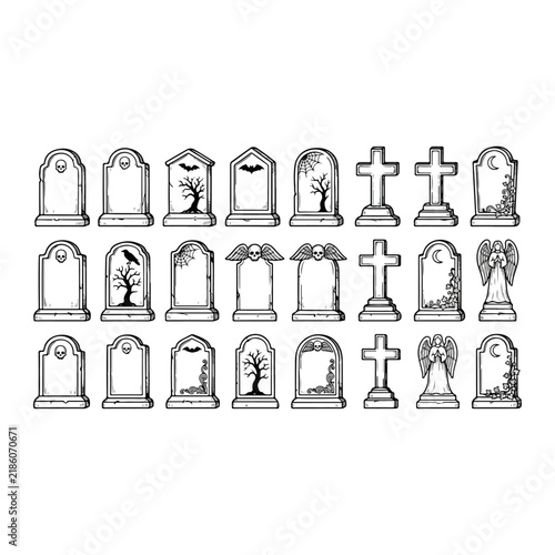 Collection of hand drawn tombstone and gravestone icons in black and white line art style featuring gothic symbols such as skulls crosses and angels for Halloween.