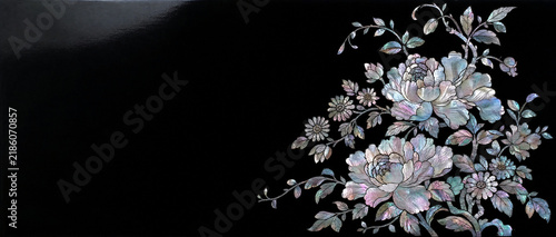 Korean Mother-of-Pearl Floral Inlay on Black Lacquer Background