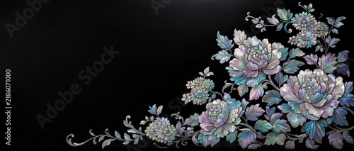Korean Mother-of-Pearl Floral Inlay on Black Lacquer Background
