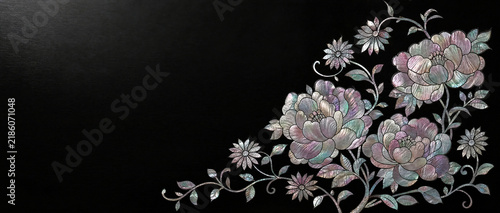 Korean Mother-of-Pearl Floral Inlay on Black Lacquer Background