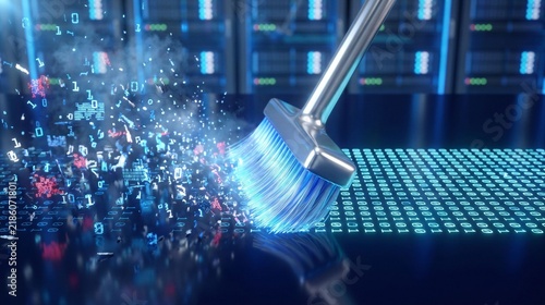 Cleaning digital data with a broom in a server room