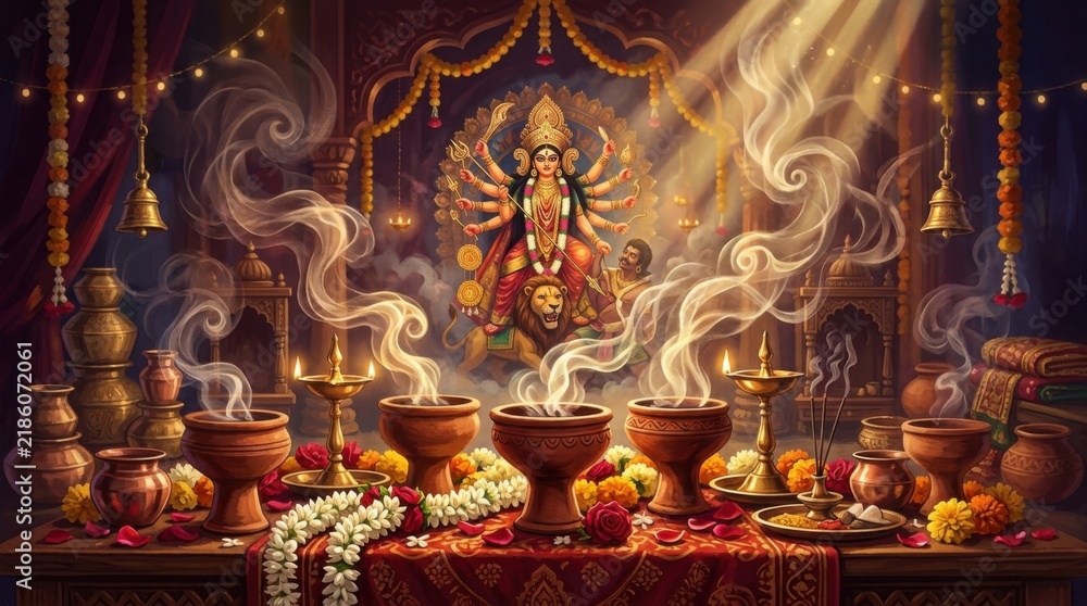 Obraz premium Spiritual altar setting with burning incense and lamps during Durga Puja