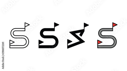 Set of four minimalist sshaped road map icons with starting and finishing flag symbols