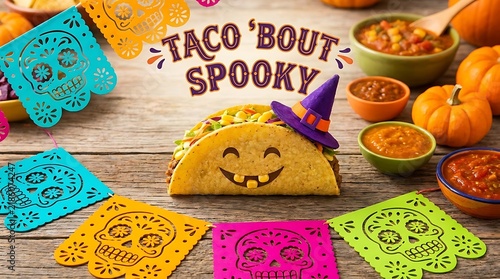 A decorated taco with a witch hat sits amongst halloween decorations and colorful sugar skull paper cutouts
