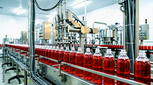 Automated industrial bottling line filling plastic bottles with red liquid in a modern beverage manufacturing factory