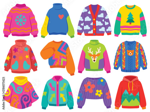 Ugly Sweater Collection #01—Snowflake, Heart, Cloud, and Reindeer Patterns. Vector Illustration. Design Element. Clip art. Suitable for artwork design. Editable for any design.