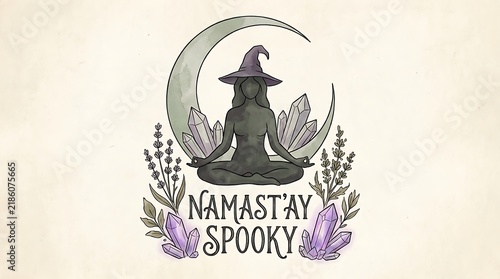 Silhouette of a meditating figure wearing a pointed hat with a crescent moon and crystals