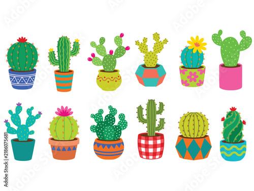 Potted Cactus Collection #01—Round Barrel, Columnar, Bunny Ear, and Blooming Cactus. Vector Illustration. Design Element. Clip art. Suitable for artwork design. Editable for any design.