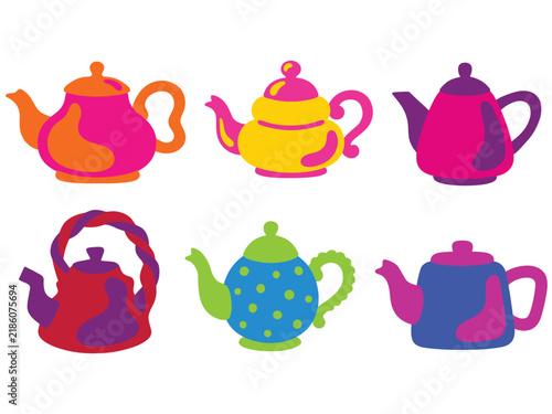 Colorful Teapot Collection #01—Classic, Floral, Polka Dot, and Twisted Handle Teapots. Vector Illustration. Design Element. Clip art. Suitable for artwork design. Editable for any design.