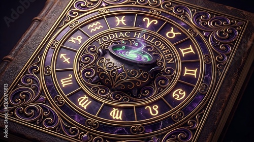Zodiac wheel with central cauldron illustration features ornate gold detailing and purple background astrology potion