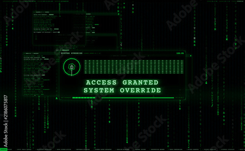 Tapety artystyczne System override access granted screen interface with green matrix digital code