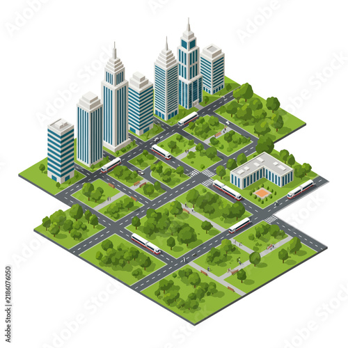 Isometric City Illustration: Modern Buildings, Green Parks, and Transportation