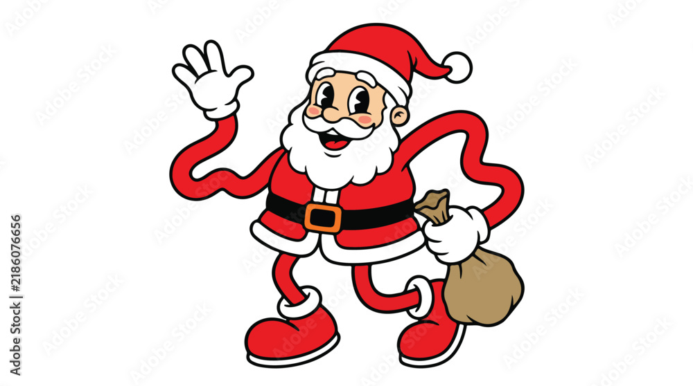 Fototapeta premium Cartoon Santa Claus Waving with Sack of Gifts.