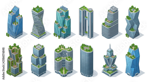 Modern City Skyscrapers with Green Rooftops - Futuristic Architecture Set