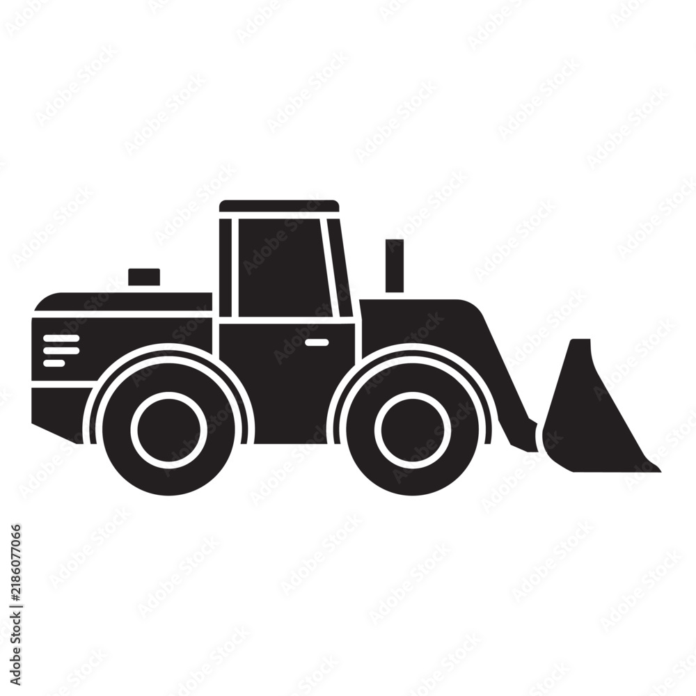 Fototapeta premium Wheel Loader Front View Solid Black Icon, Silhouette Style Heavy Construction Machinery