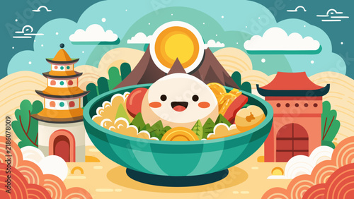 Flat vector illustration of a cute bao character in ramen bowl with pagoda and mountains