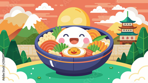 Cute flat vector illustration of a happy ramen bowl with a smiling dumpling and egg, set against a vibrant Japanese landscape with Mount Fuji and a pagoda.