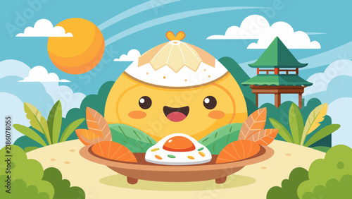 Cute cartoon food mascot in a Japanese landscape with pagoda and fried egg illustration.