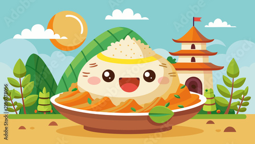 Cute kawaii zongzi character for Dragon Boat Festival, flat vector illustration with pagoda background.