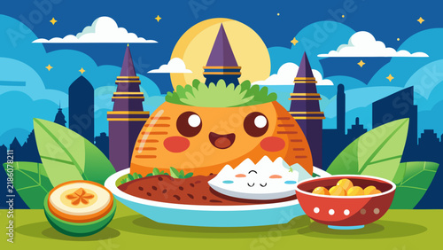 Cute Kawaii Food Character Mascot on a Plate against a Stylized City Night Sky and Mountain Landscape Illustration