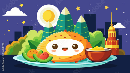 Cute Mid-Autumn Festival Mooncake Character Illustration with Smiling Moon and Night City Skyline Background for Greeting Cards